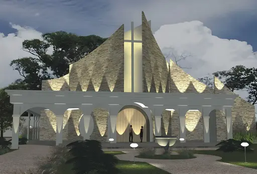 Igreja com volumetria contemporânea, fachada imponente e iluminação estratégica