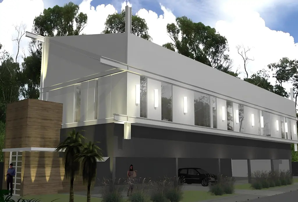 Projeto corporativo com fachada contemporânea e composição volumétrica linear